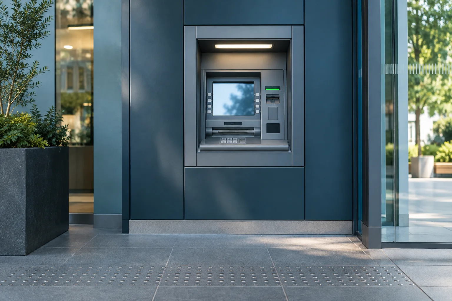 Illustrative unbranded ATM in a public access area with tactile paving.