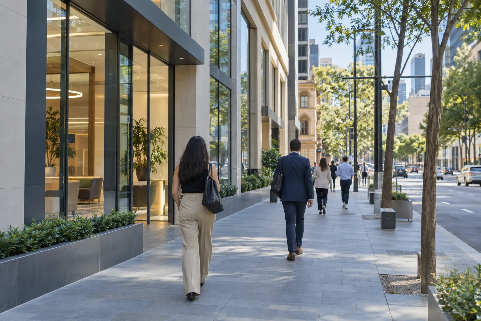 Illustrative Australian commercial streetscape with a wide footpath and unbranded buildings.